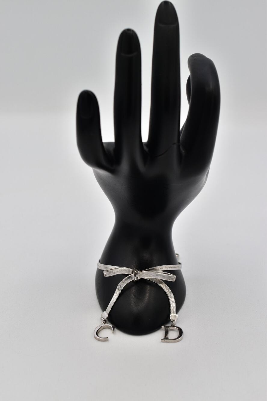Christian Dior Vintage Silver Bow CD Logo Charm Bracelet Signed 1990s Y2K Bin6